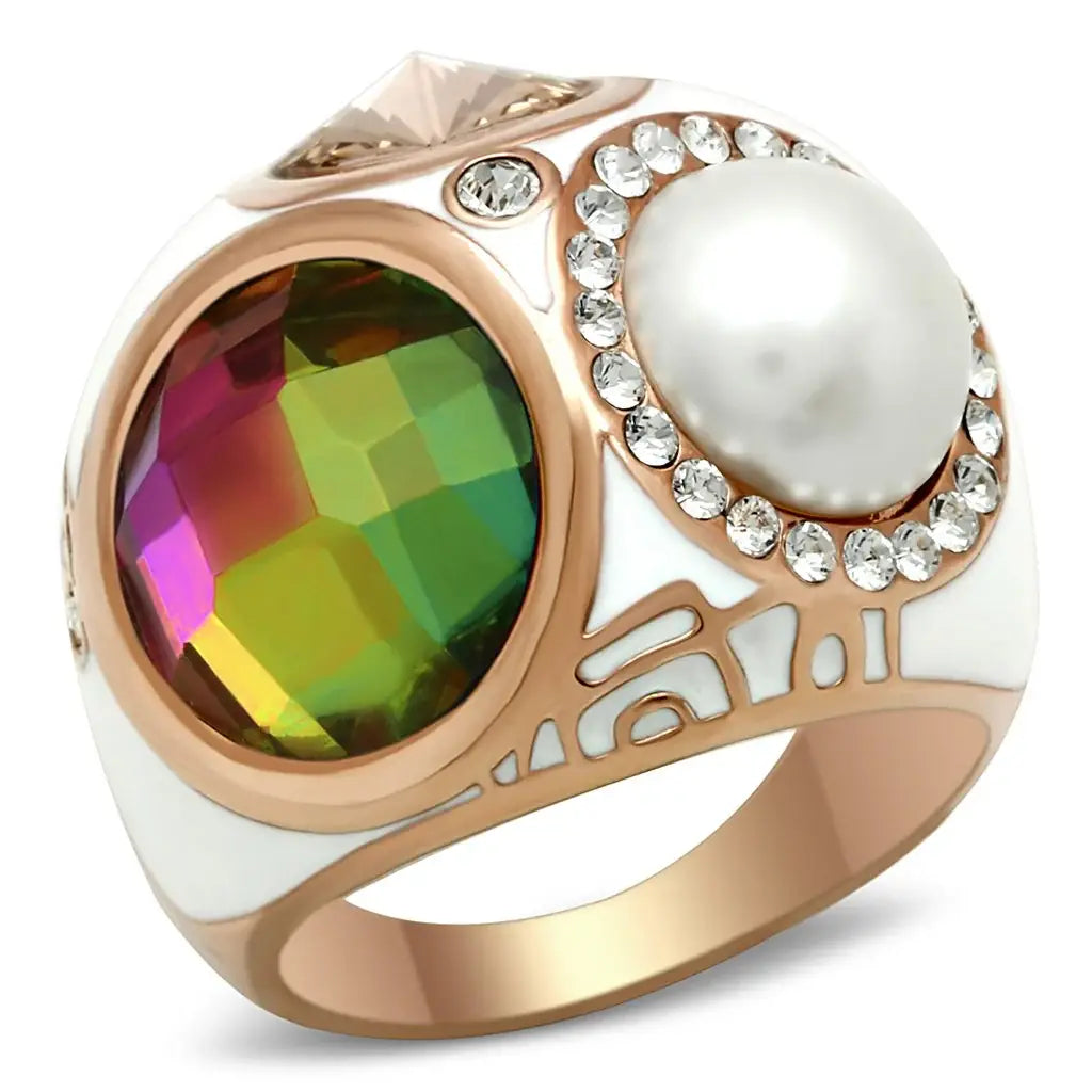 GL248 - IP Rose Gold(Ion Plating) Brass Ring with Synthetic Synthetic Glass in Multi Color - Alamode - Flyclothing LLC