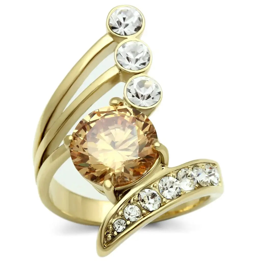 GL300 - IP Gold(Ion Plating) Brass Ring with AAA Grade CZ in Champagne - Alamode - Flyclothing LLC