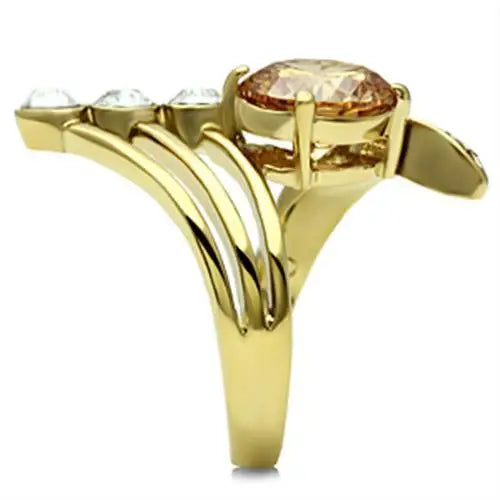 GL300 - IP Gold(Ion Plating) Brass Ring with AAA Grade CZ in Champagne - Alamode - Flyclothing LLC