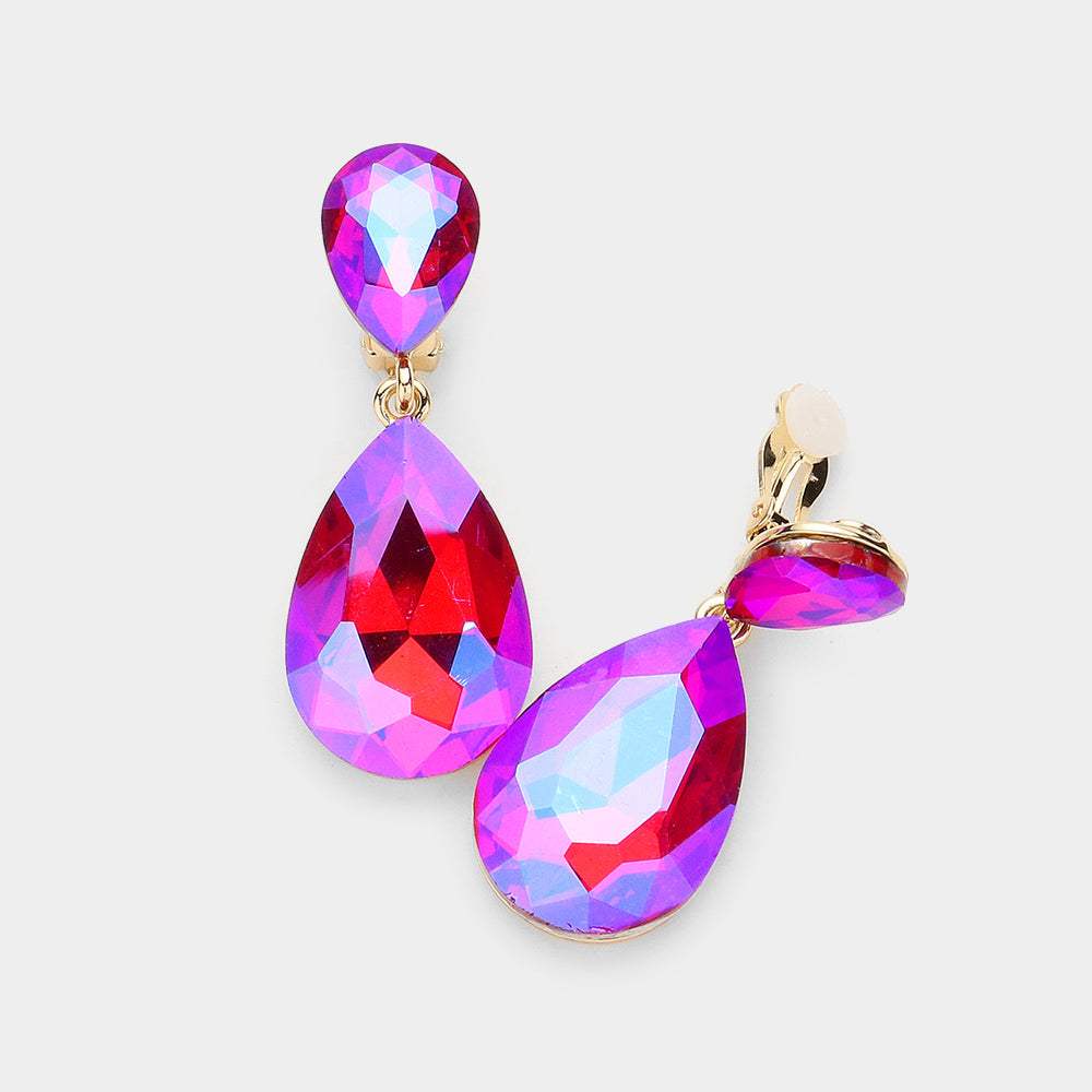 Glass Crystal Double Teardrop Clip on Evening Earrings - Madeline Love - Flyclothing LLC