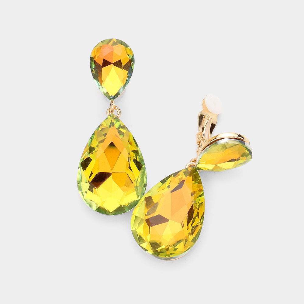 Glass Crystal Double Teardrop Clip on Evening Earrings - Madeline Love - Flyclothing LLC