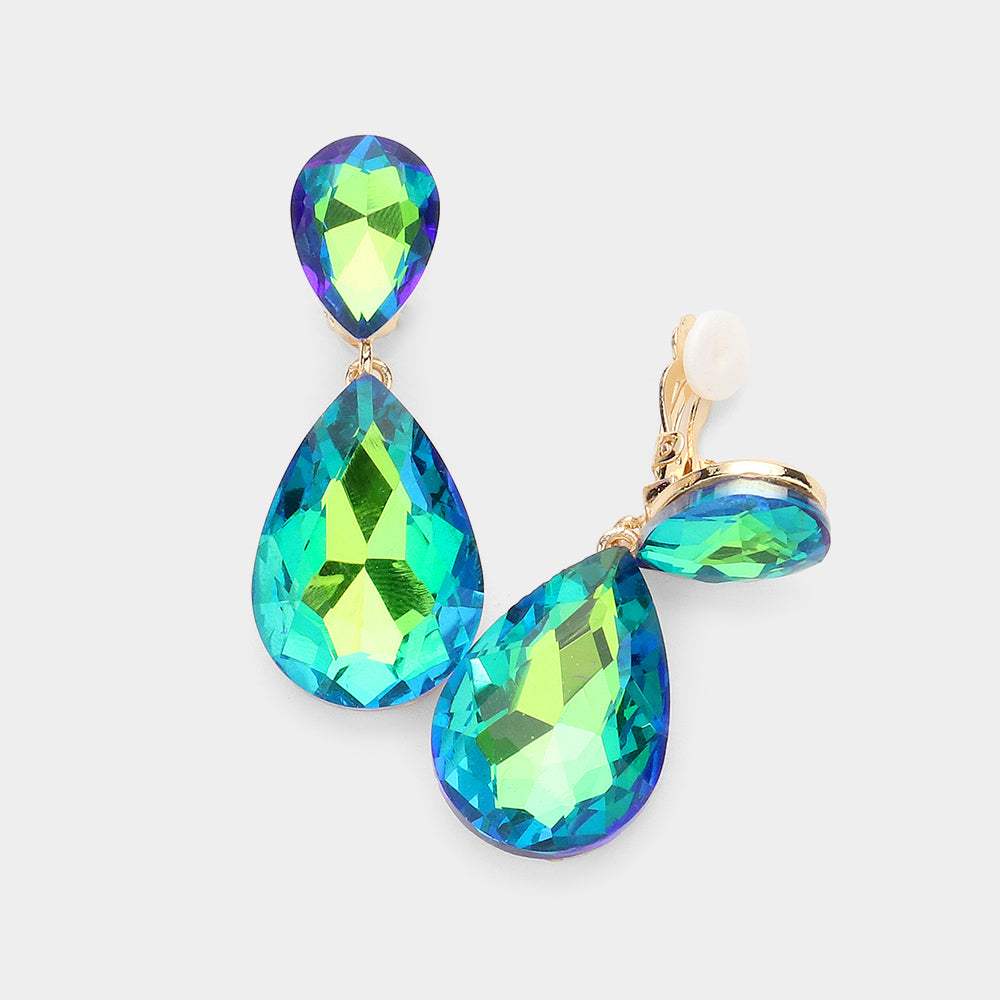 Glass Crystal Double Teardrop Clip on Evening Earrings - Madeline Love - Flyclothing LLC