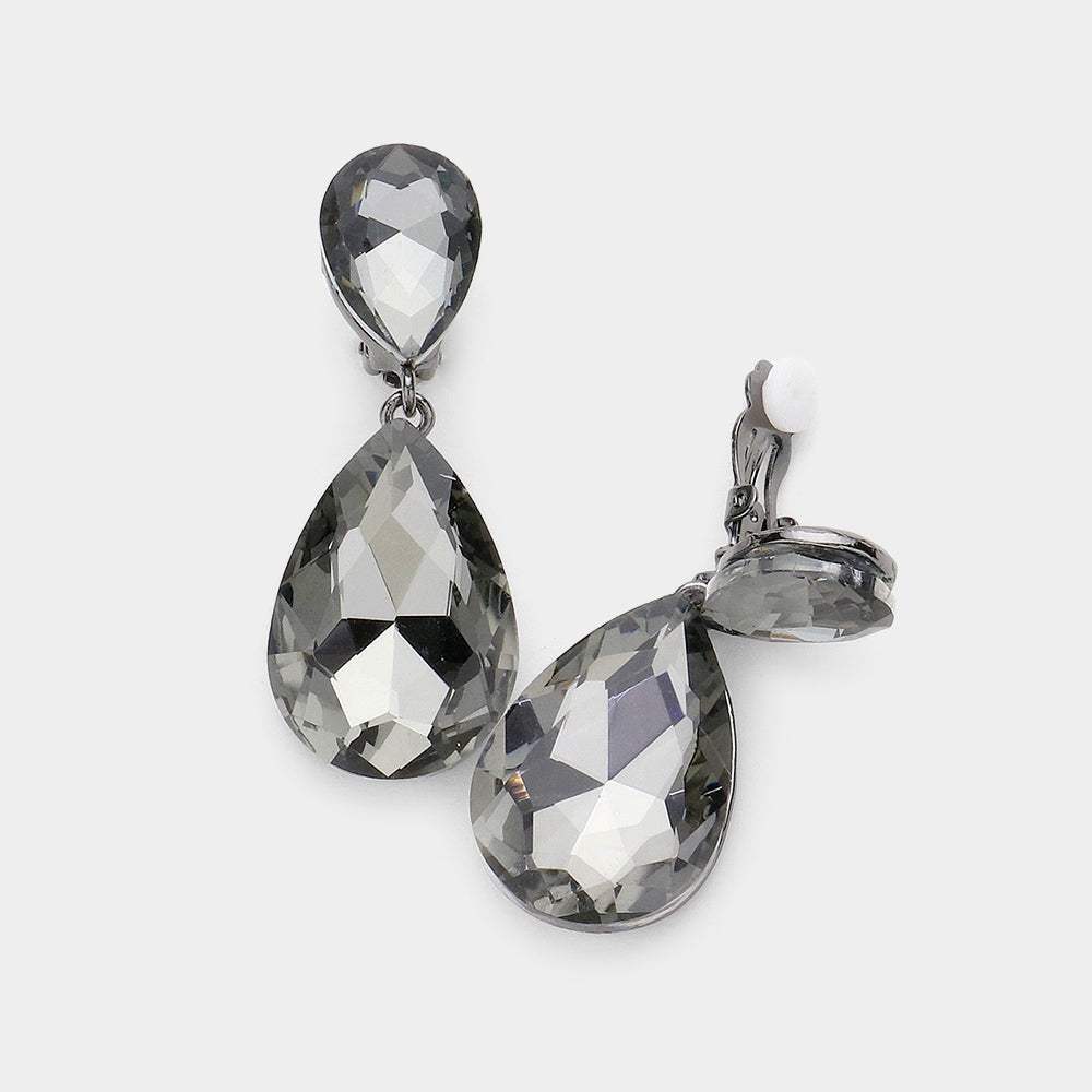 Glass Crystal Double Teardrop Clip on Evening Earrings - Madeline Love - Flyclothing LLC