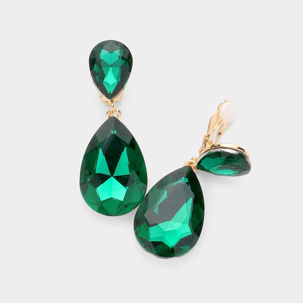 Glass Crystal Double Teardrop Clip on Evening Earrings - Madeline Love - Flyclothing LLC