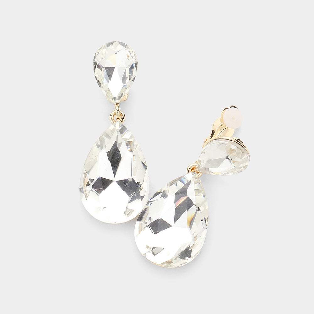 Glass Crystal Double Teardrop Clip on Evening Earrings - Madeline Love - Flyclothing LLC