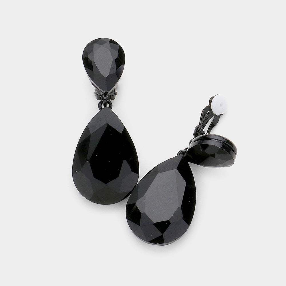 Glass Crystal Double Teardrop Clip on Evening Earrings - Madeline Love - Flyclothing LLC