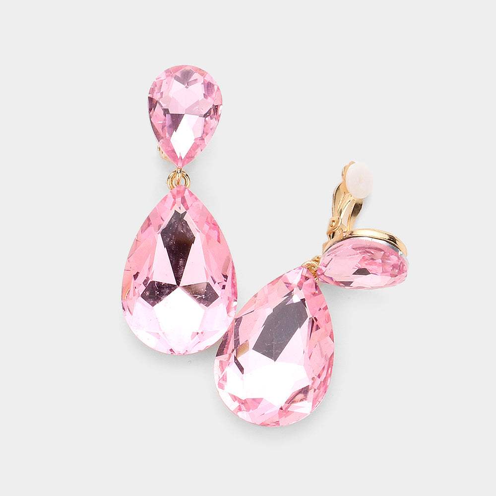 Glass Crystal Double Teardrop Clip on Evening Earrings - Madeline Love - Flyclothing LLC