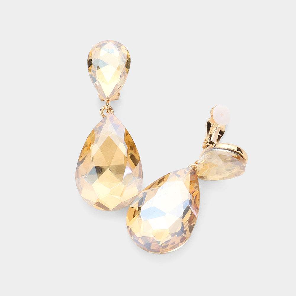 Glass Crystal Double Teardrop Clip on Evening Earrings - Madeline Love - Flyclothing LLC