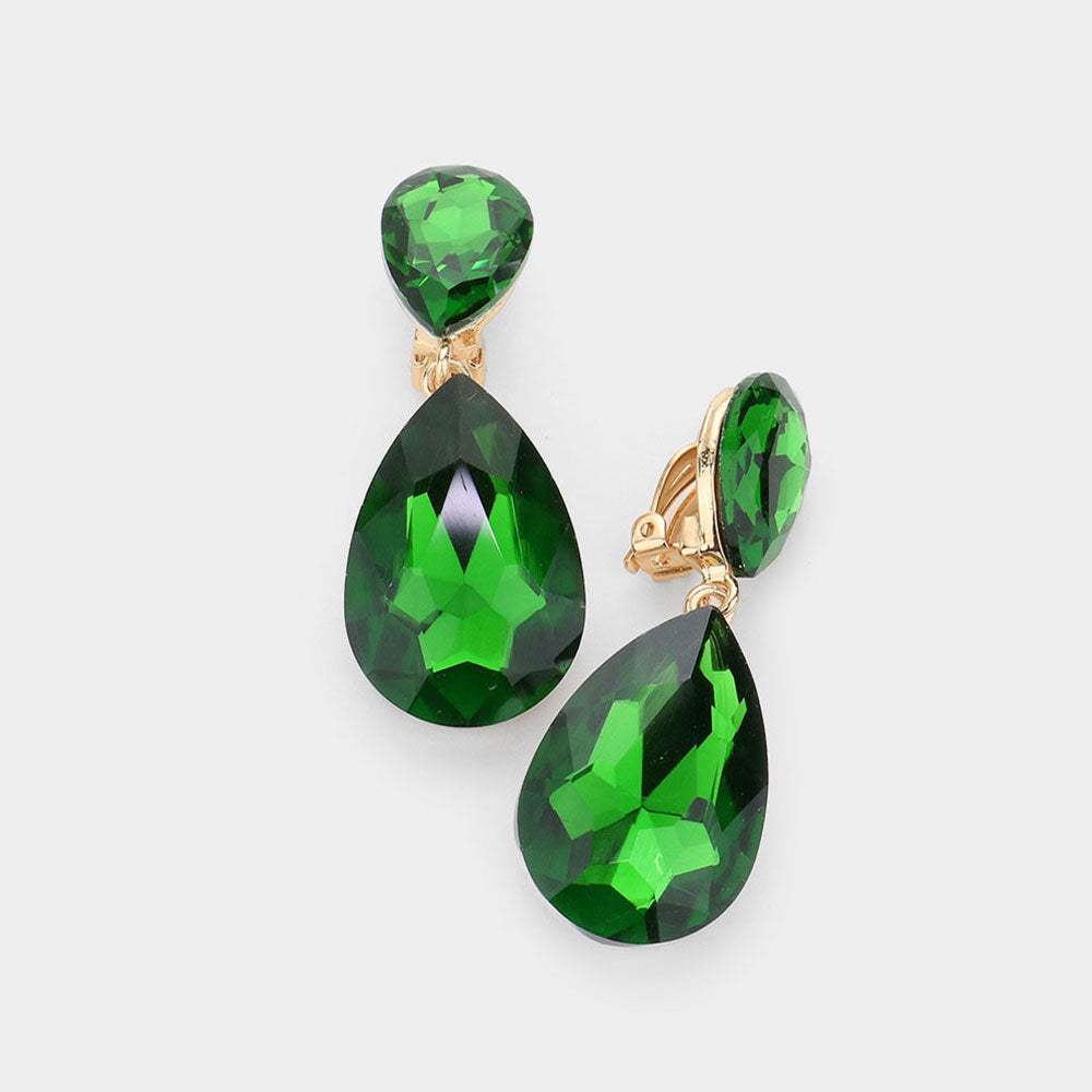 Glass Crystal Double Teardrop Clip on Evening Earrings - Madeline Love - Flyclothing LLC