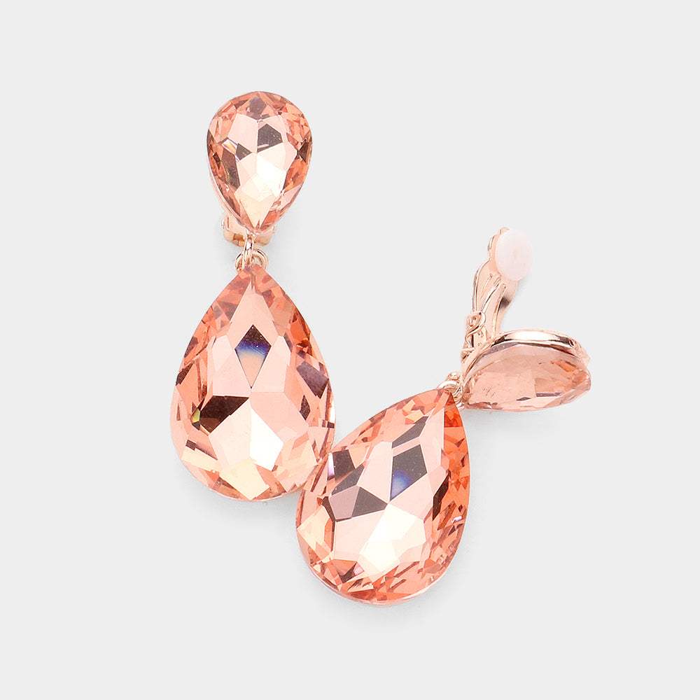 Glass Crystal Double Teardrop Clip on Evening Earrings - Madeline Love - Flyclothing LLC