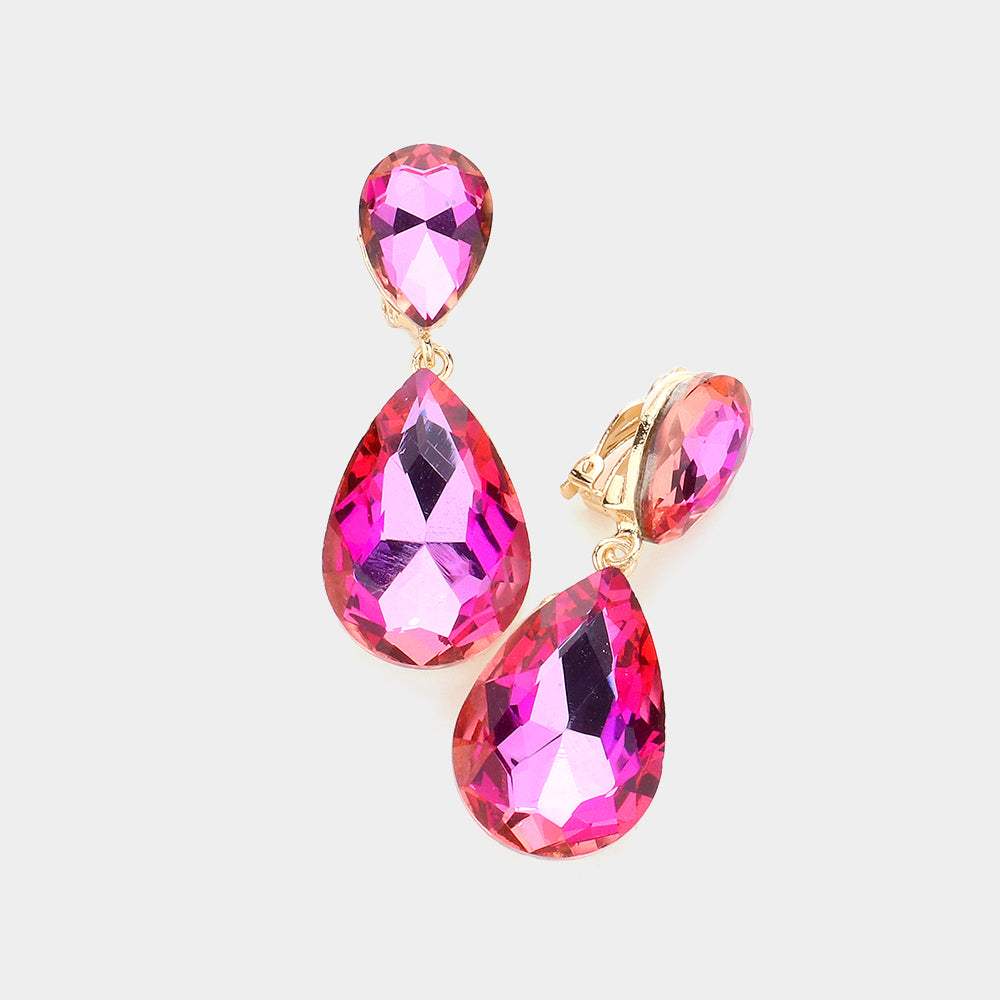 Glass Crystal Double Teardrop Clip on Evening Earrings - Madeline Love - Flyclothing LLC