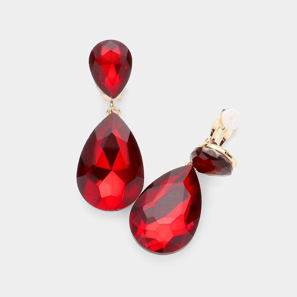 Glass Crystal Double Teardrop Clip on Evening Earrings - Madeline Love - Flyclothing LLC