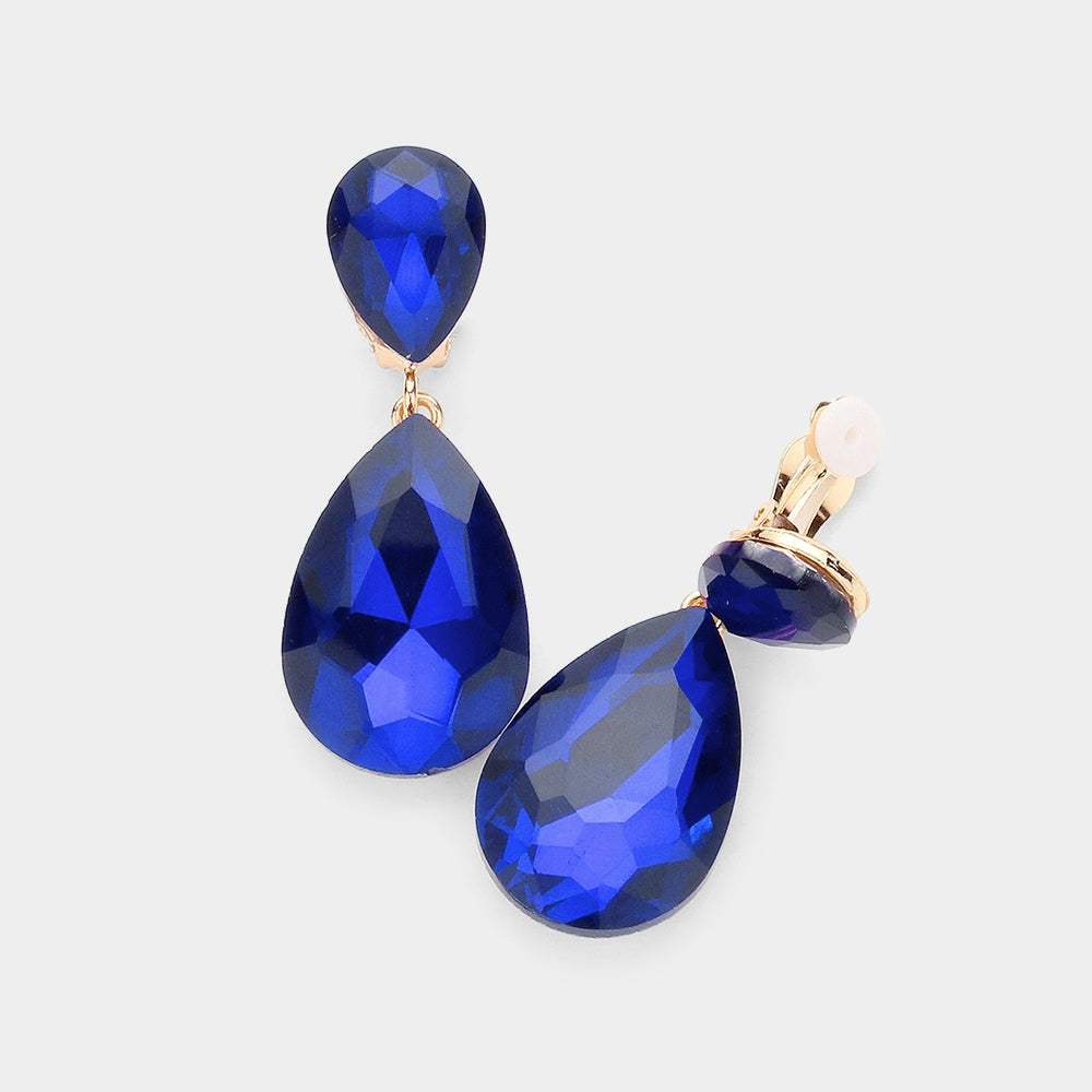 Glass Crystal Double Teardrop Clip on Evening Earrings - Madeline Love - Flyclothing LLC