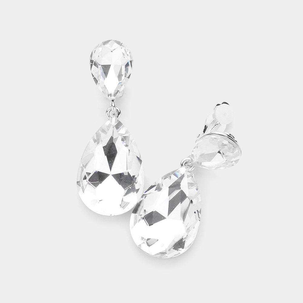 Glass Crystal Double Teardrop Clip on Evening Earrings - Madeline Love - Flyclothing LLC
