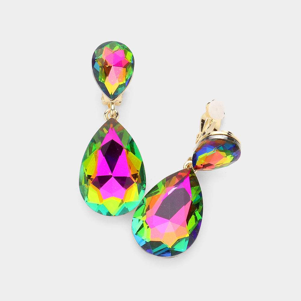 Glass Crystal Double Teardrop Clip on Evening Earrings - Madeline Love - Flyclothing LLC