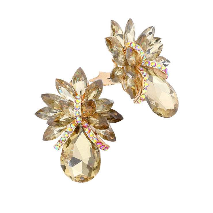 Glass Crystal Petal Teardrop Clip On Earrings - Madeline Love - Flyclothing LLC