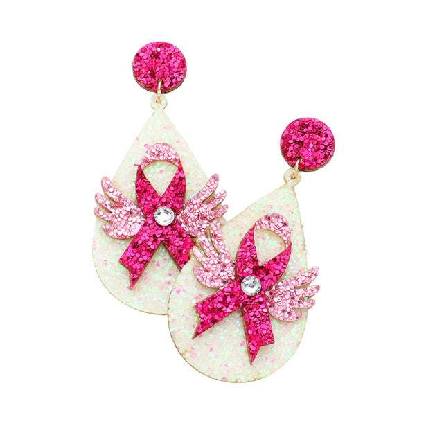 Glittered Angel Wing Pink Ribbon Teardrop Dangle Earrings - Madeline Love - Flyclothing LLC