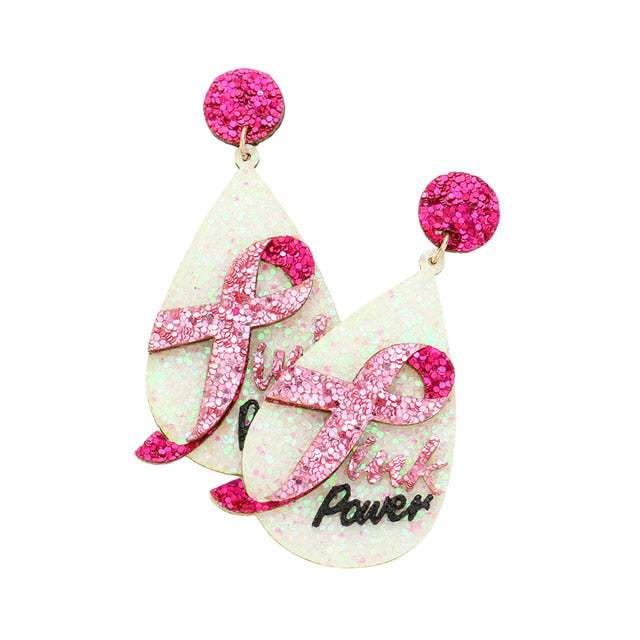 Glittered Pink Power Message Ribbon Teardrop Earrings - Madeline Love - Flyclothing LLC