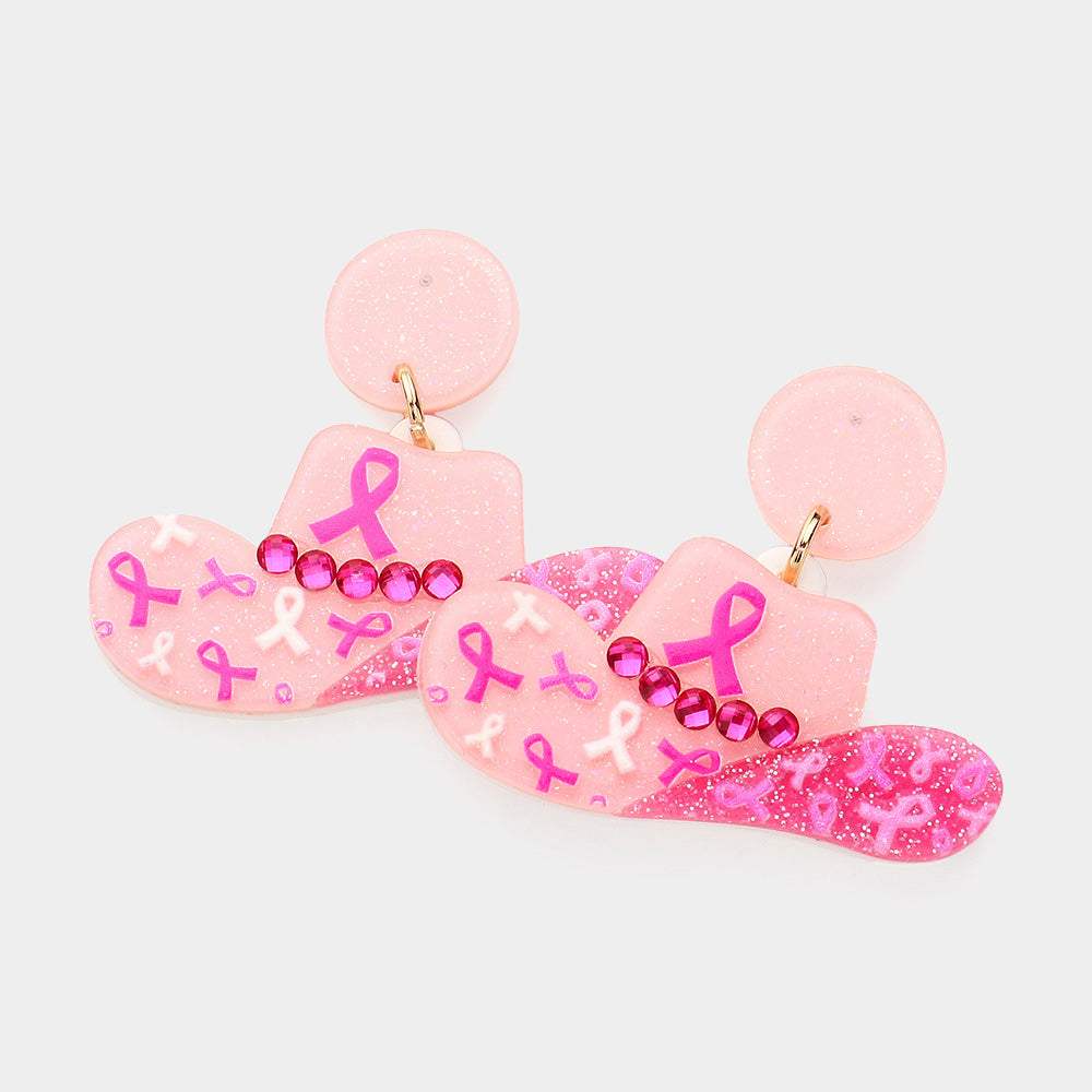 Glittered Pink Ribbon Cowboy Hat Dangle Earrings - Madeline Love - Flyclothing LLC