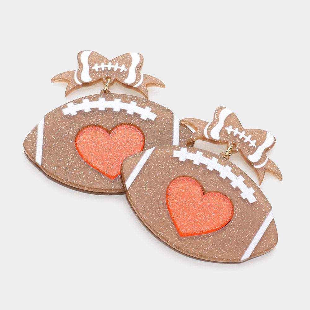 Glittered Resin Bow Heart Centered Football Link Dangle Earrings - Madeline Love - Flyclothing LLC