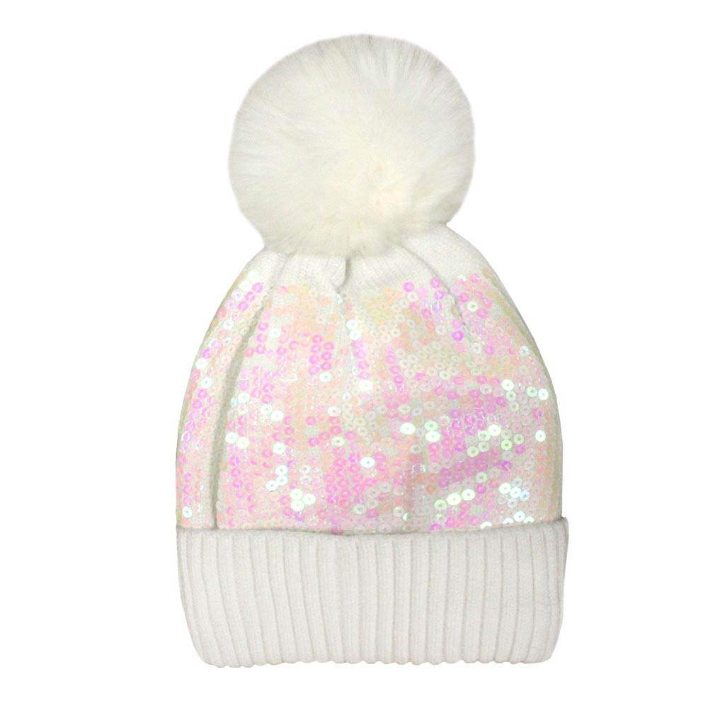 Glitzy Sequin Embellished Pom Pom Beanie Hat - Madeline Love - Flyclothing LLC