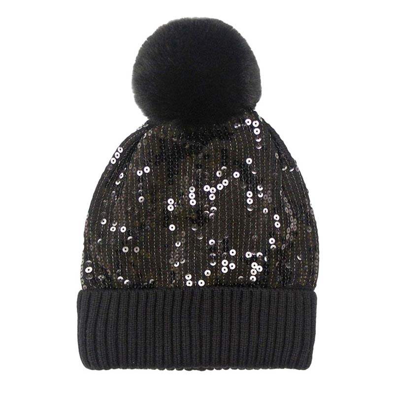 Glitzy Sequin Embellished Pom Pom Beanie Hat - Madeline Love - Flyclothing LLC