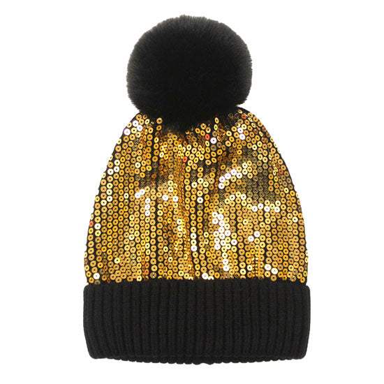 Glitzy Sequin Embellished Pom Pom Beanie Hat - Madeline Love - Flyclothing LLC