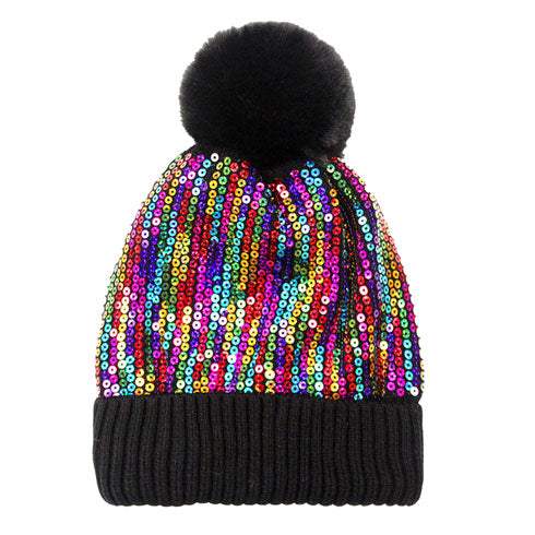 Glitzy Sequin Embellished Pom Pom Beanie Hat - Madeline Love - Flyclothing LLC