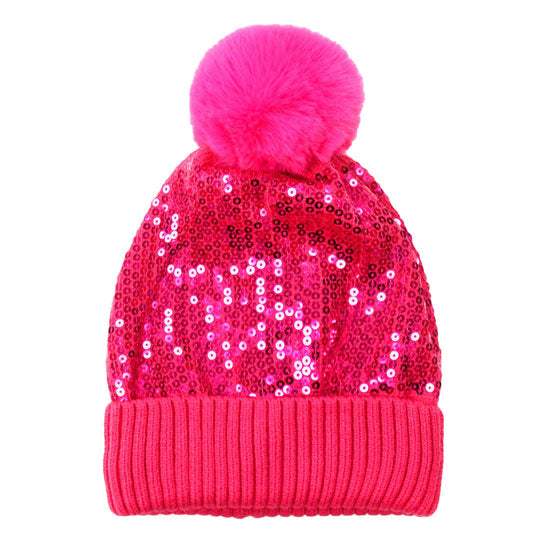 Glitzy Sequin Embellished Pom Pom Beanie Hat - Madeline Love - Flyclothing LLC