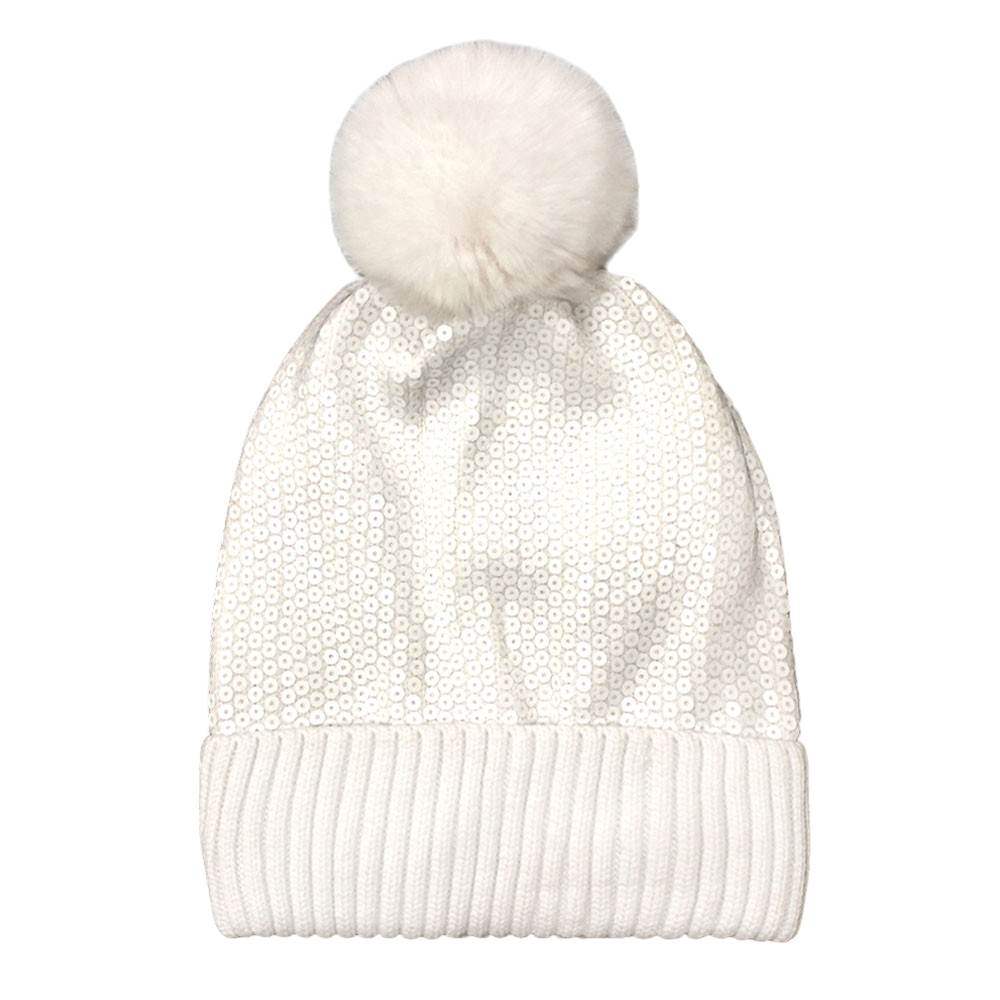 Glitzy Sequin Embellished Pom Pom Beanie Hat - Madeline Love - Flyclothing LLC
