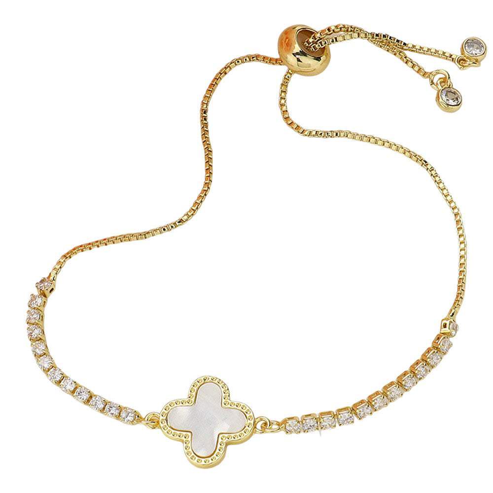 Mother Of Pearl Quatrefoil Pointed Brass Tie Bracelet - Madeline Love - Flyclothing LLC