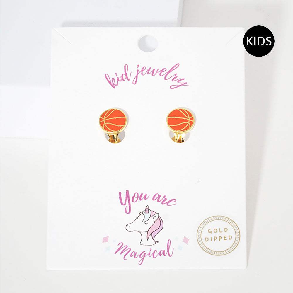 Gold Dipped Enamel Basketball Clip on Kids Earrings - Madeline Love - Flyclothing LLC
