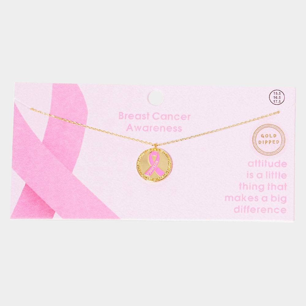 Gold Dipped Enamel Pink Ribbon Accented Metal Disc Pendant Necklace - Madeline Love - Flyclothing LLC