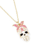 Gold Dipped Enamel Pink Ribbon Skull Pendant Necklace - Madeline Love - Flyclothing LLC