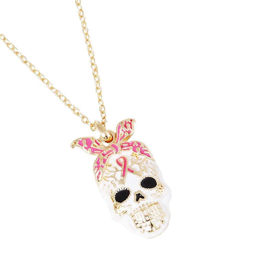 Gold Dipped Enamel Pink Ribbon Skull Pendant Necklace - Madeline Love - Flyclothing LLC