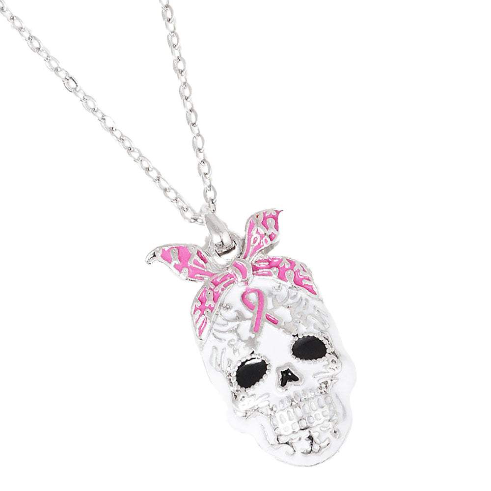 Gold Dipped Enamel Pink Ribbon Skull Pendant Necklace - Madeline Love - Flyclothing LLC