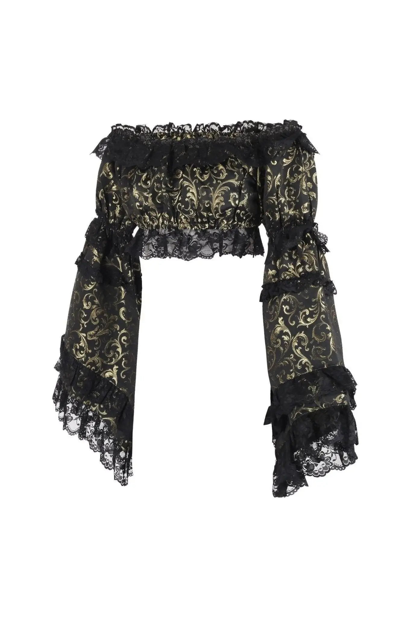Daisy Corsets Gold/Black Brocade Smocked Flare Sleeve Peasant Top - Daisy Corsets - Flyclothing LLC