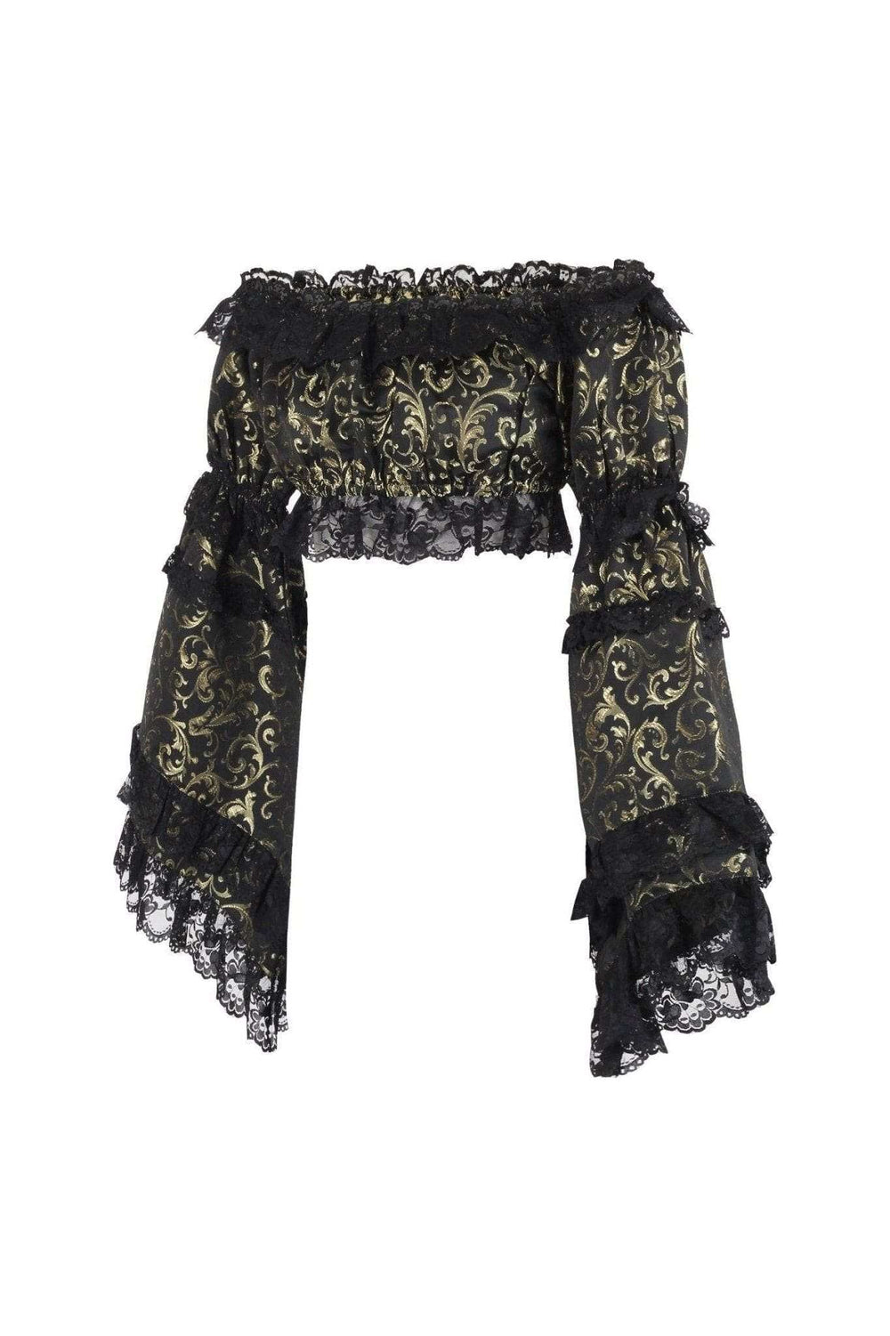 Daisy Corsets Gold/Black Brocade Smocked Flare Sleeve Peasant Top - Daisy Corsets - Flyclothing LLC