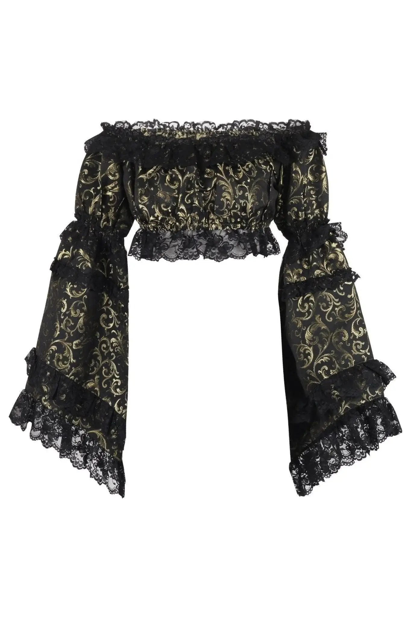 Daisy Corsets Gold/Black Brocade Smocked Flare Sleeve Peasant Top - Daisy Corsets - Flyclothing LLC