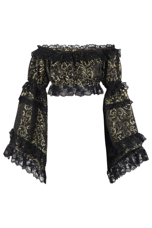 Daisy Corsets Gold/Black Brocade Smocked Flare Sleeve Peasant Top