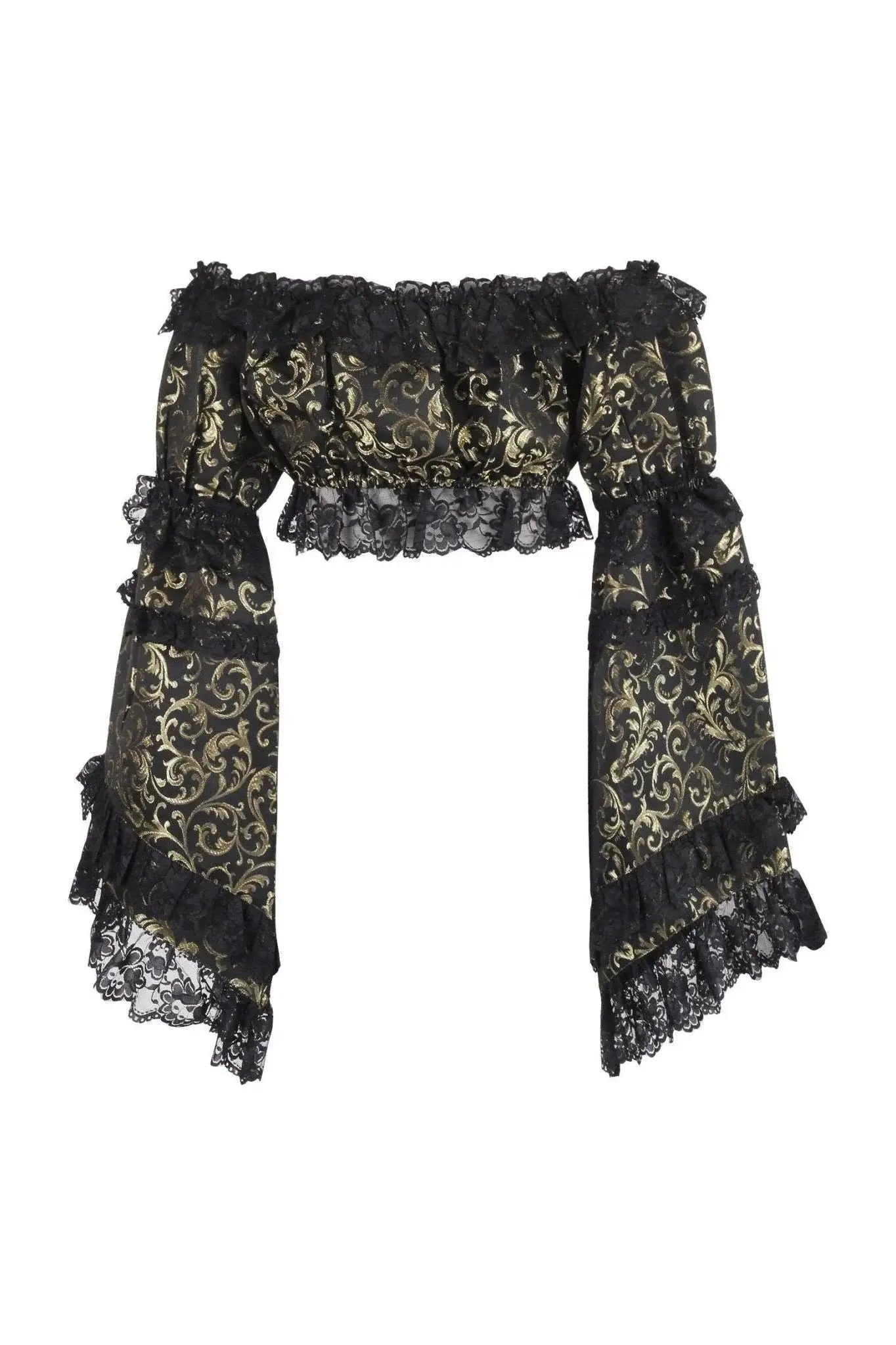 Daisy Corsets Gold/Black Brocade Smocked Flare Sleeve Peasant Top - Daisy Corsets - Flyclothing LLC