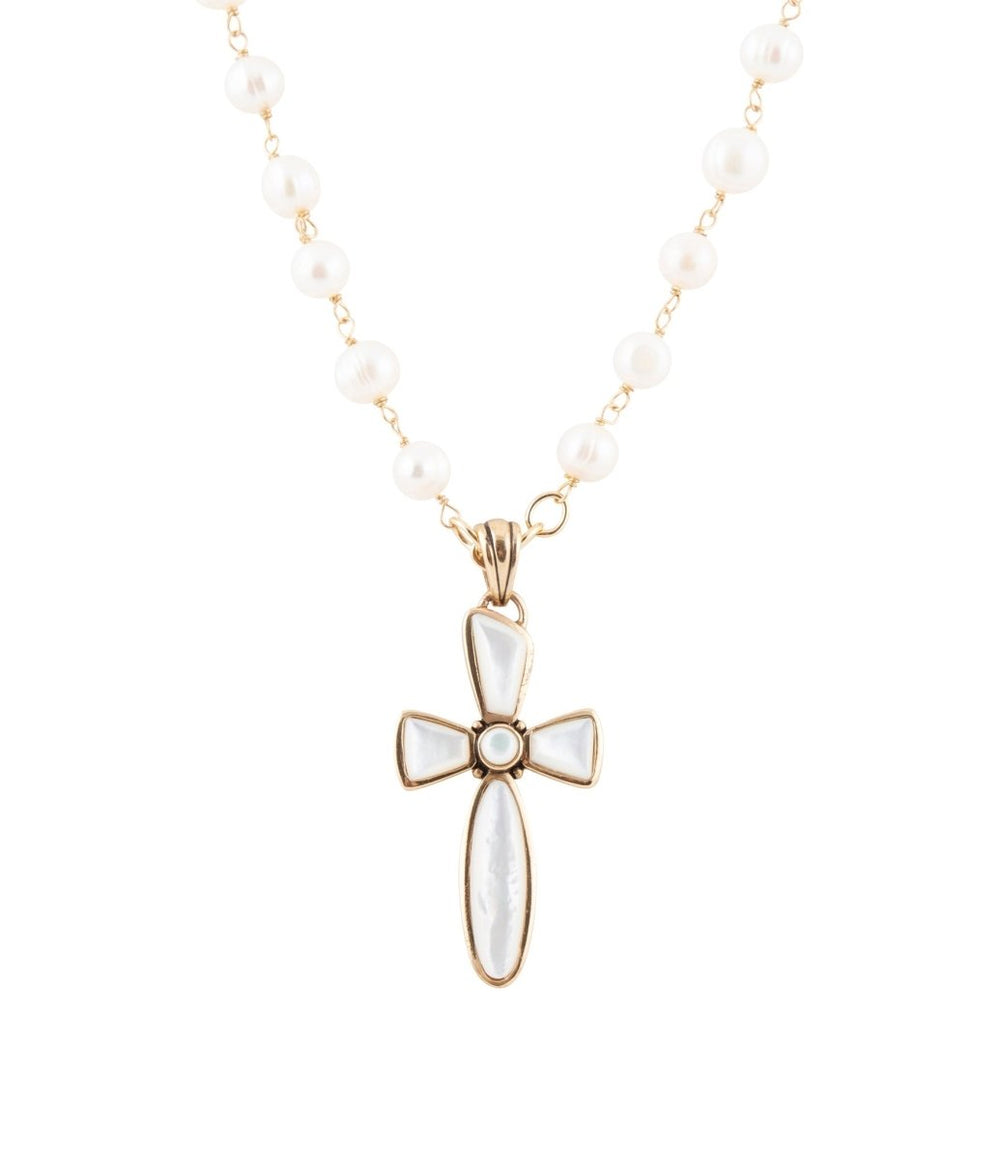 Las Cruces White Pearl Cross Pendant Necklace - Barse Jewelry