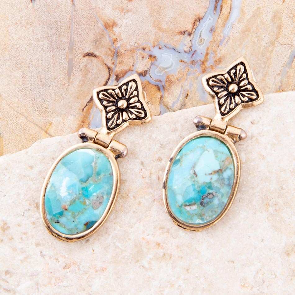 Golden Flower and Blue Turquoise Drop Earrings - Barse Jewelry - Flyclothing LLC