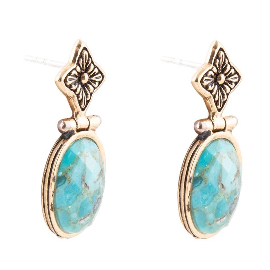 Golden Flower and Blue Turquoise Drop Earrings - Barse Jewelry - Flyclothing LLC