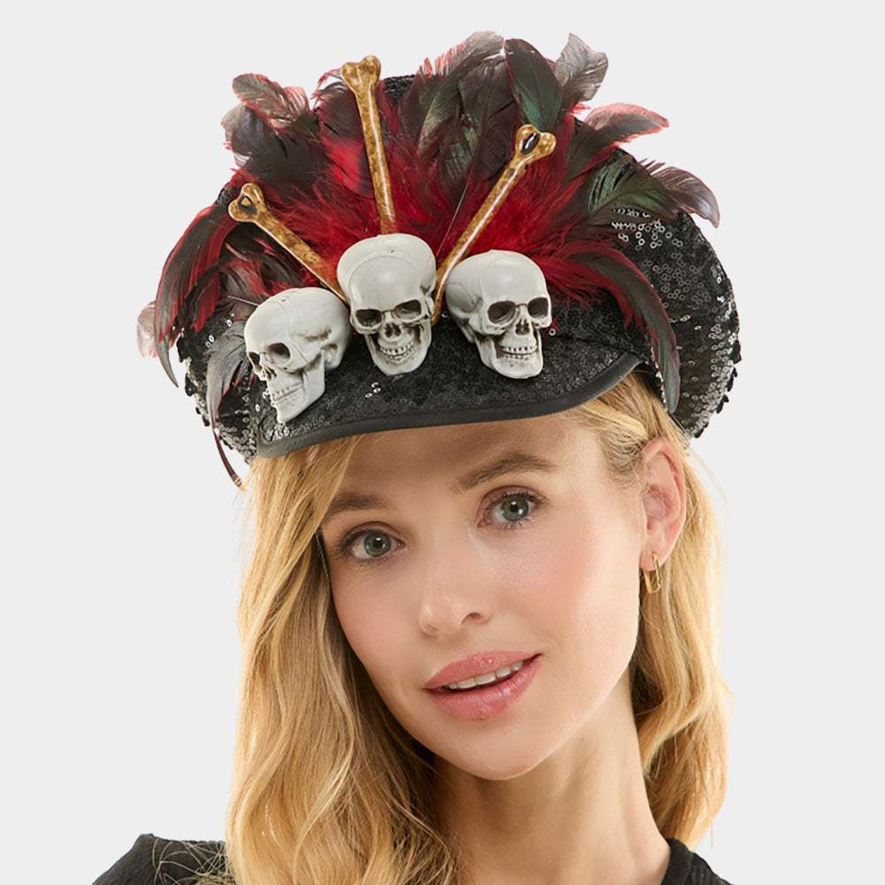 Gothic Skull Bone Feather Embellished Halloween Costume Hat - Madeline Love - Flyclothing LLC
