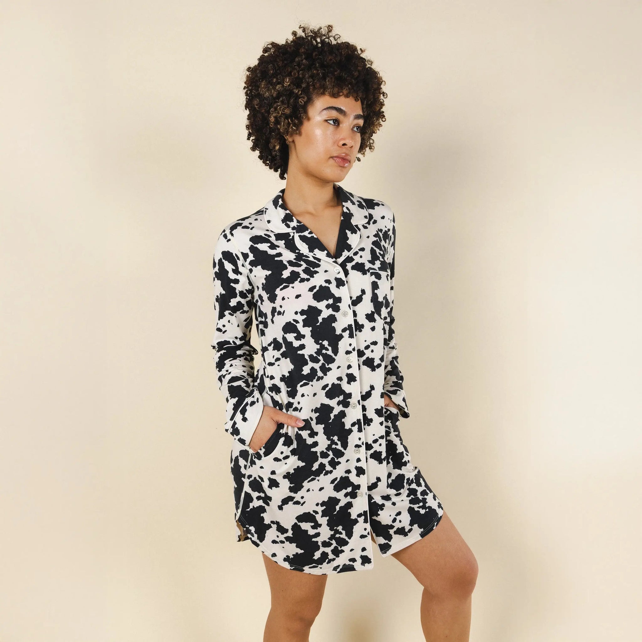 The Graze Escape | Cow Hide SleepDeep™ Long Sleeve Pajama Dress - Shinesty - Flyclothing LLC