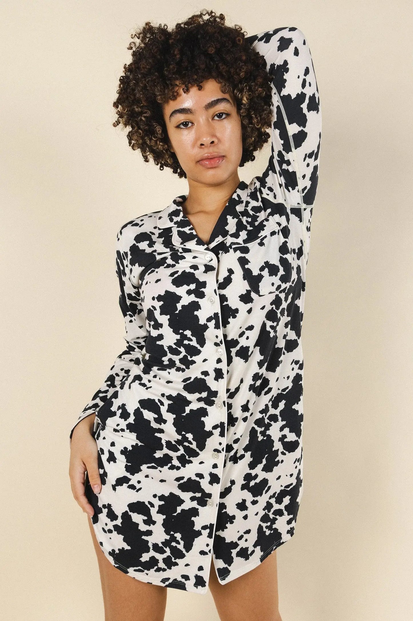 The Graze Escape | Cow Hide SleepDeep™ Long Sleeve Pajama Dress - Shinesty - Flyclothing LLC