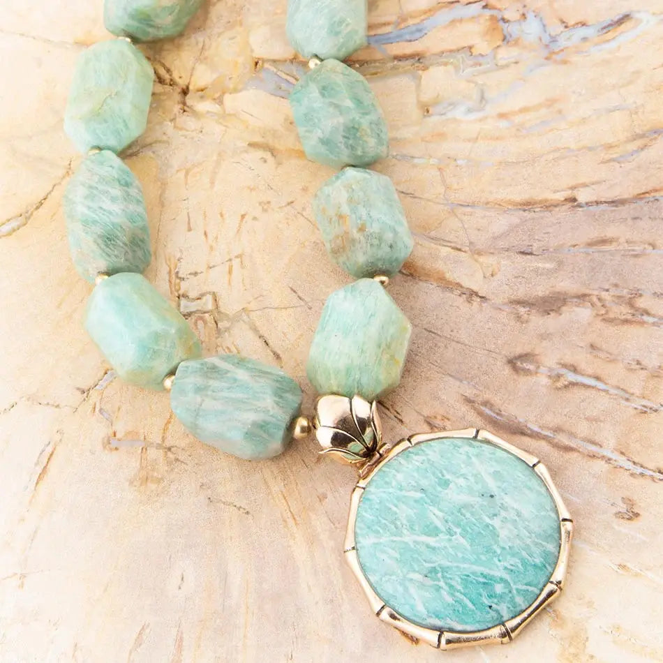 Green Amazonite Golden Lotus Pendant Necklace - Barse Jewelry - Flyclothing LLC