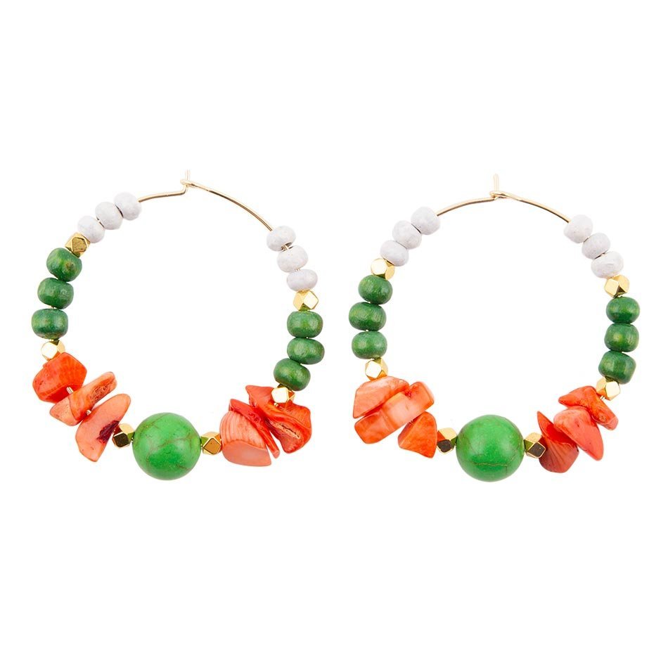 Green and Orange Coral Golden Hoop Earrings - Barse Jewelry