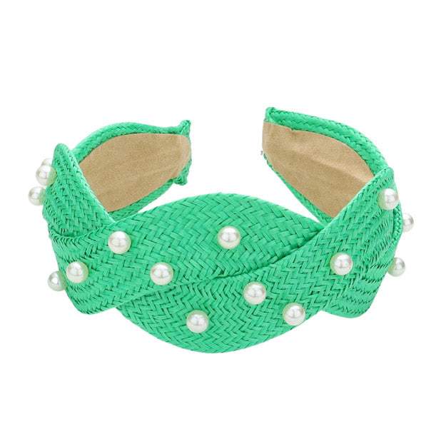 Pearl Embellished Braided Straw Headband - Madeline Love - Flyclothing LLC